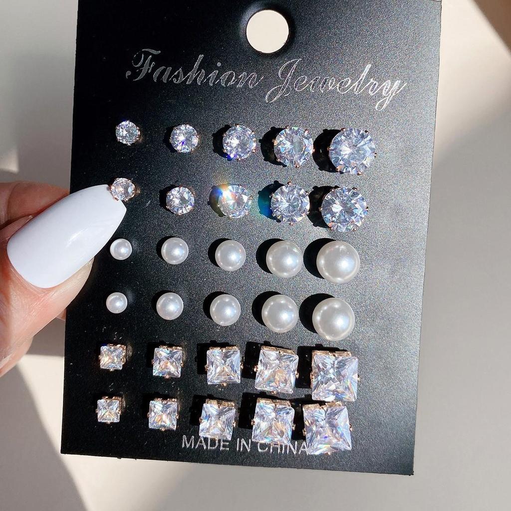 12-Piece Retro Pearl Stud Earring Set: European & American Minimalist Three-Color Collection