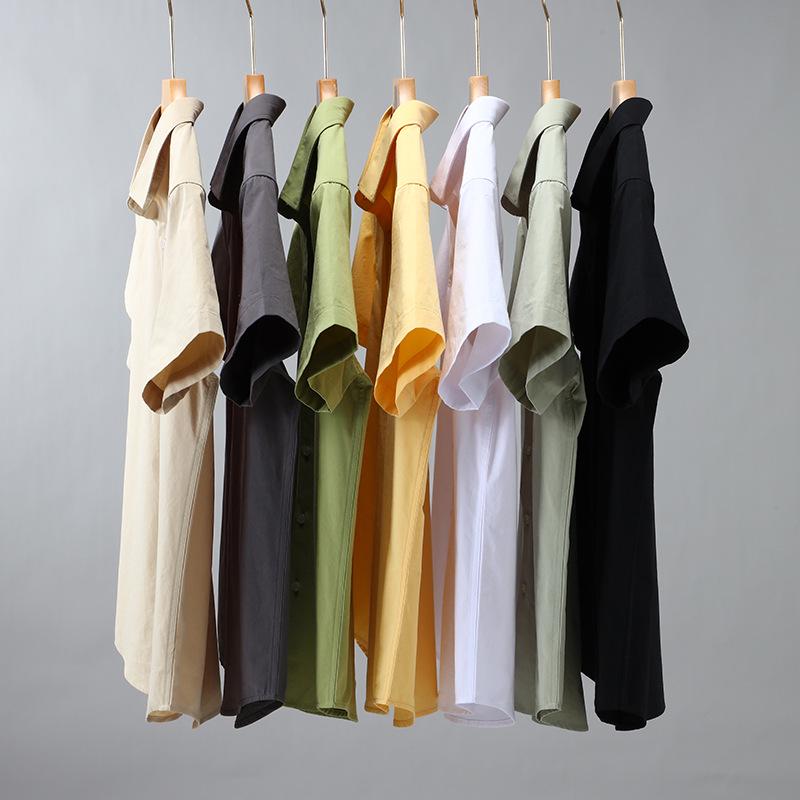 Men's Summer Heavyweight White Short-Sleeve Cotton Shirt - Solid Color Casual Lapel Design