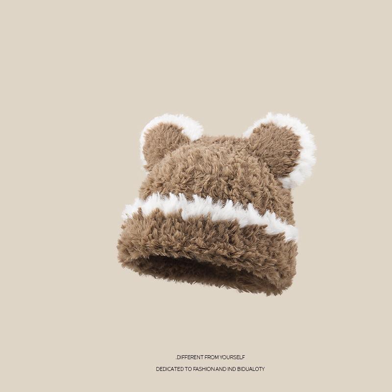 Female Autumn and Winter Cute Bear Warm and Cold Ear Protection Wool Hat Headhat Showing Face Small Plush Knitted Hat