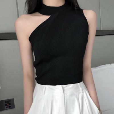 Summer Sexy Off Shoulder Slim Fit Knitted Tank Tops Women Black Sleeveless Irregular Women's Camis Hollow Skew Collar Halter Fashion Tanks Vest 24992