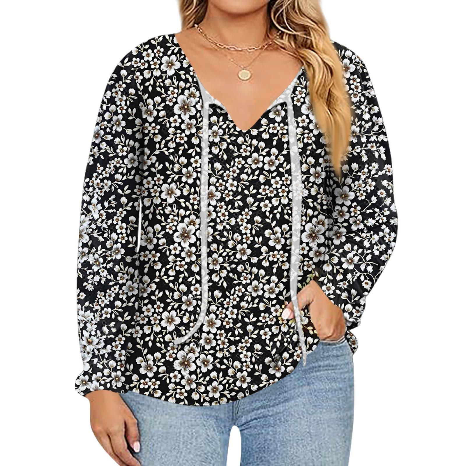 

Женский модный топ с принтом, повседневный, с V-образным вырезом и длинным рукавом L чёрный