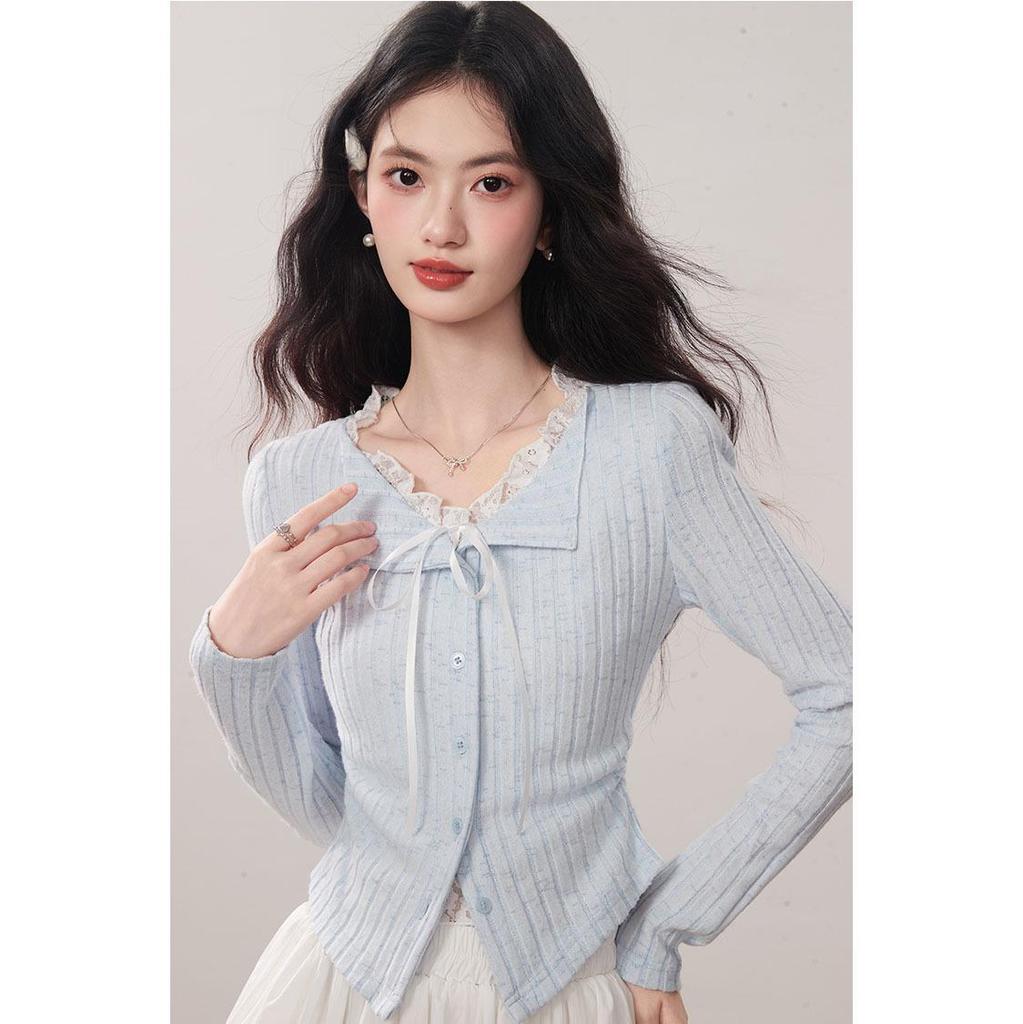 Kumikumi Women's Chic Blue Lace Tie-Up Long Sleeve Autumn Two-Piece Slimming T-Shirt