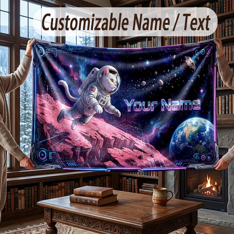 Cat Theme Throw Blanket Custom Name Text Personalized Blanket Soft Cozy Blanket for Home Sofa Bed