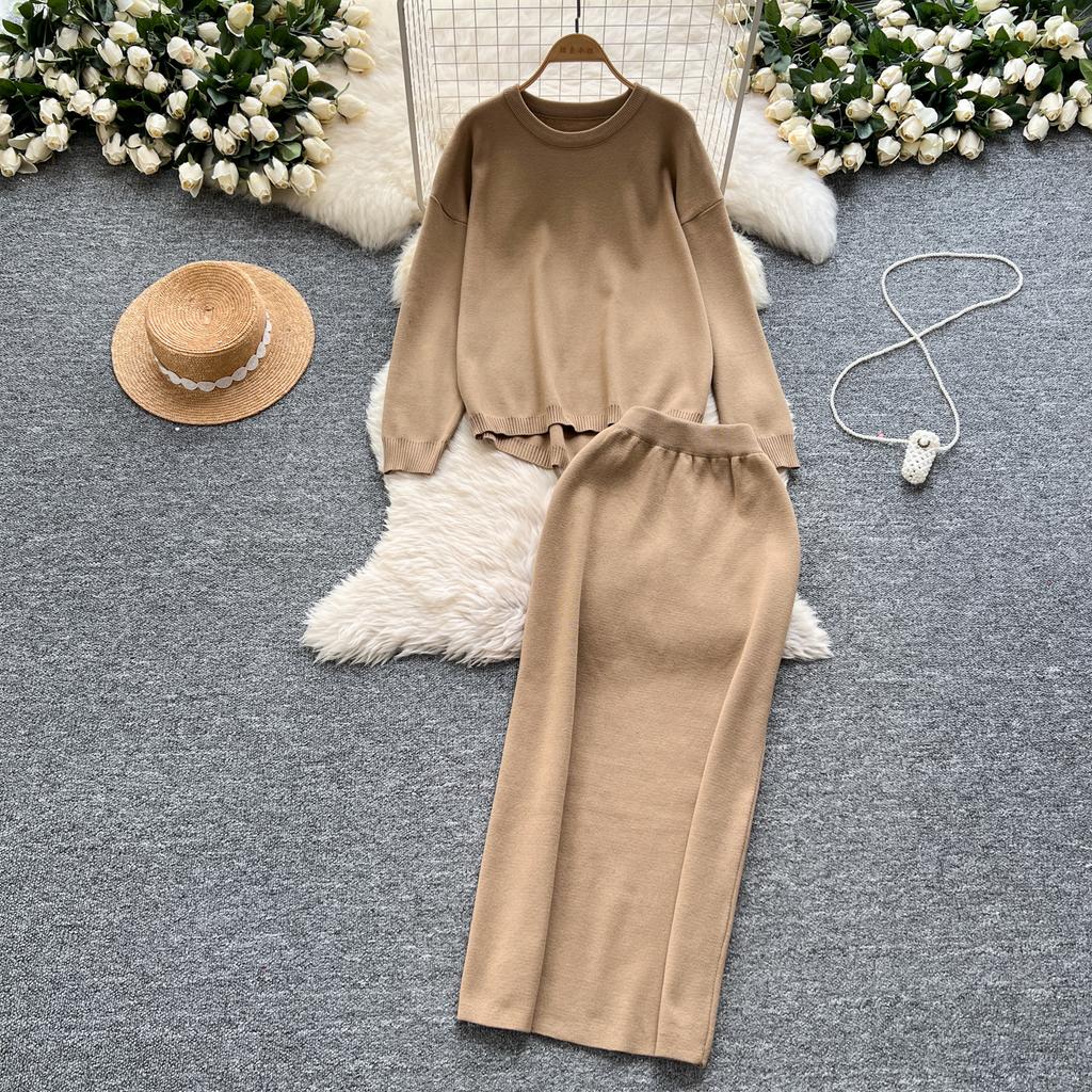 Tvådelat set Damkläder Mild Stil Lättslappig Lös passform Pullover O-hals Långärmad Stickad Tröja Midi Bodycon Kjolar