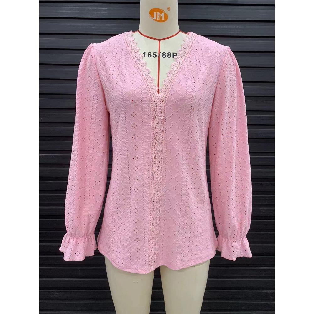 Women's Lace V Neck Blouse Long Sleeve Eyelet Embroidery Casual Loose Fit Shirt