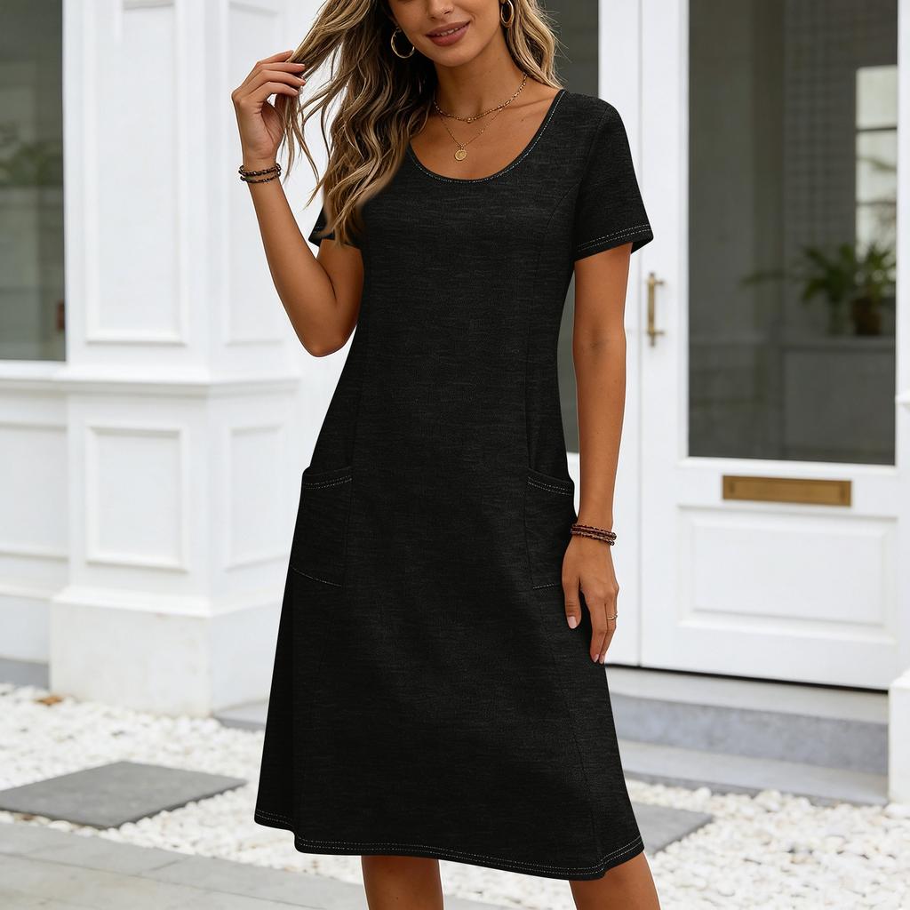 Women Casual Loose Fit Crew Neck Short Sleeve Midi Dress with Pockets Soft Fabric Comfortable Everyday Wear Suitable for Various Occasions