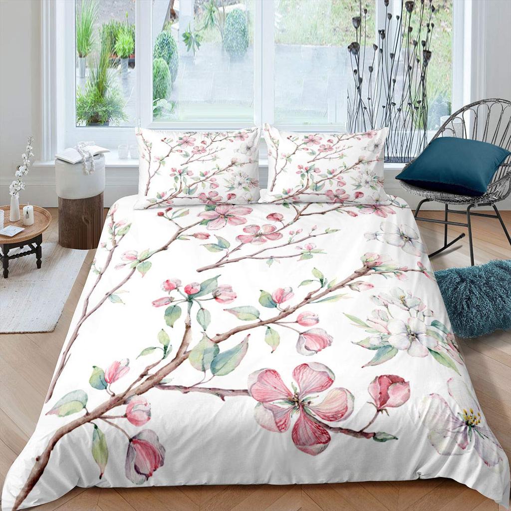 Pink Cherry Blossom King Queen Bedding Set Spring Flora Duvet Cover Japanese Flowers Quilt Cover Soft Polyester Comforter Cover