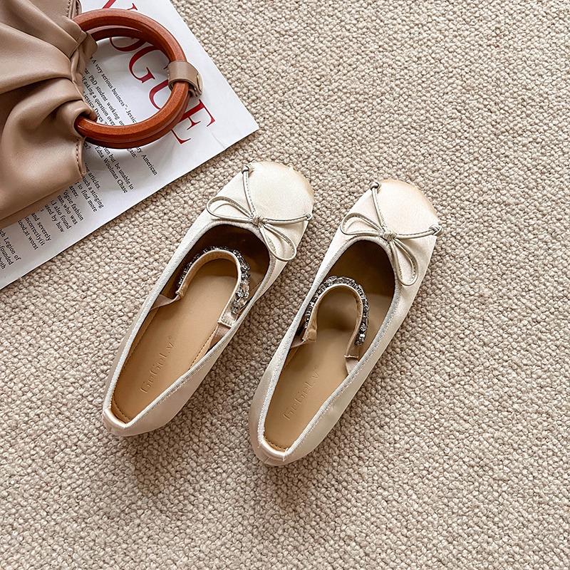 

Fashion Women s French Style Ballet Slippers Spring New High Heels One Row Coarse Heel Mary Jane Flats Rubber Upper 35 бежевый