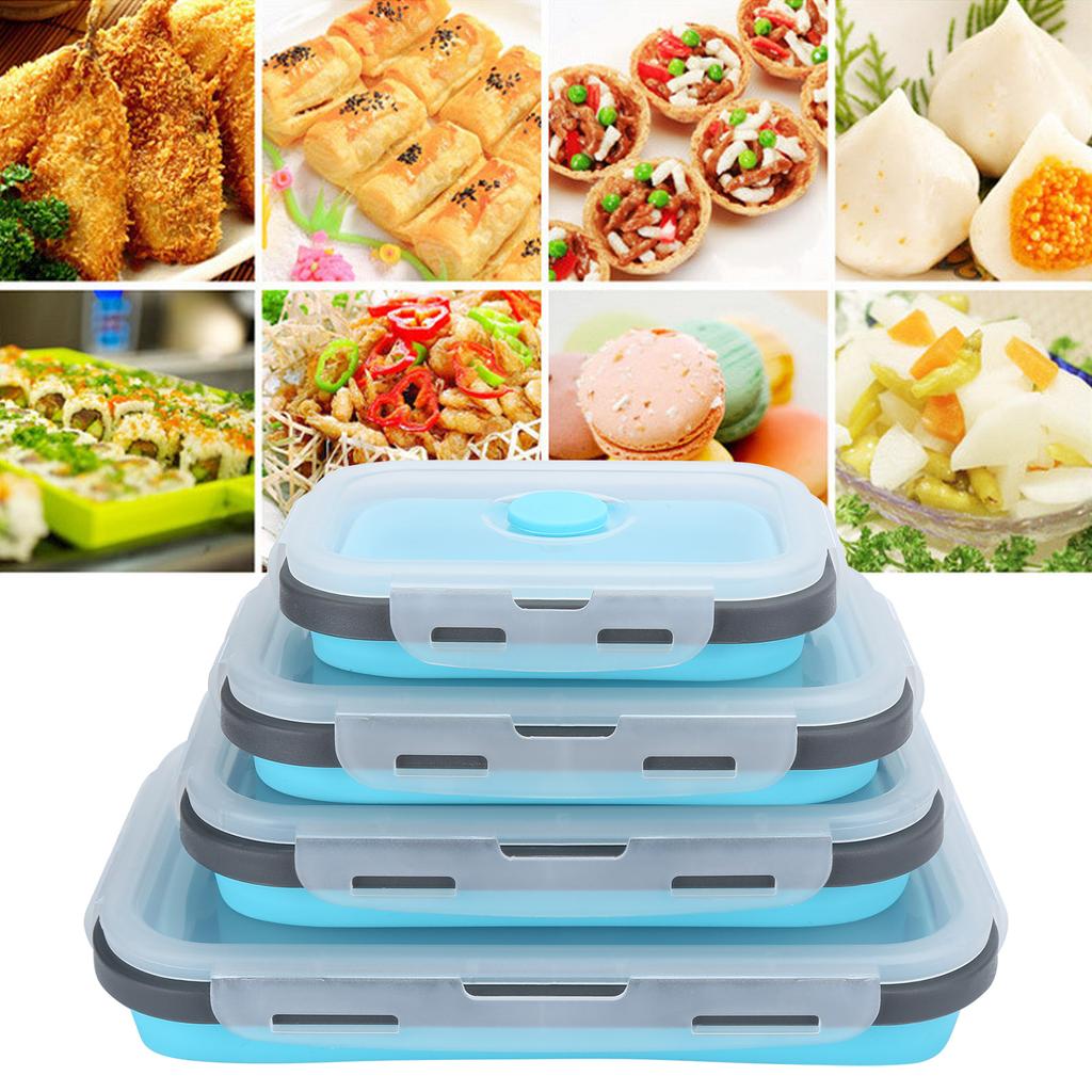 4 sztuki Zestaw Silikonowy Lunchbox Składany Pojemnik do Przechowywania Żywności Pudełko Bento na Podróże Plenerowe