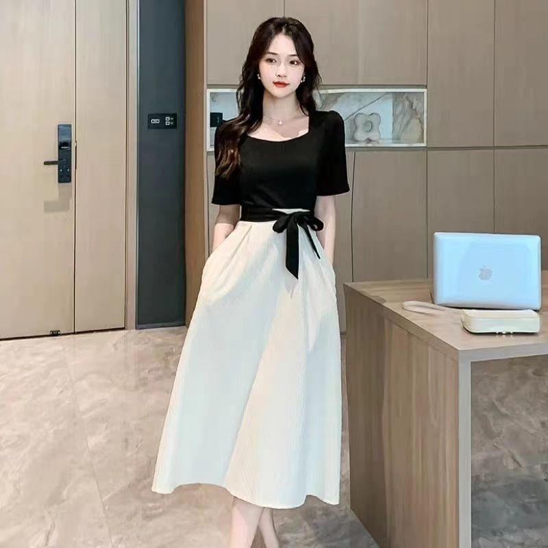 Hepburn Style Patchwork Slim Fit Petite Long Dress - Summer 2025 Korean Edition
