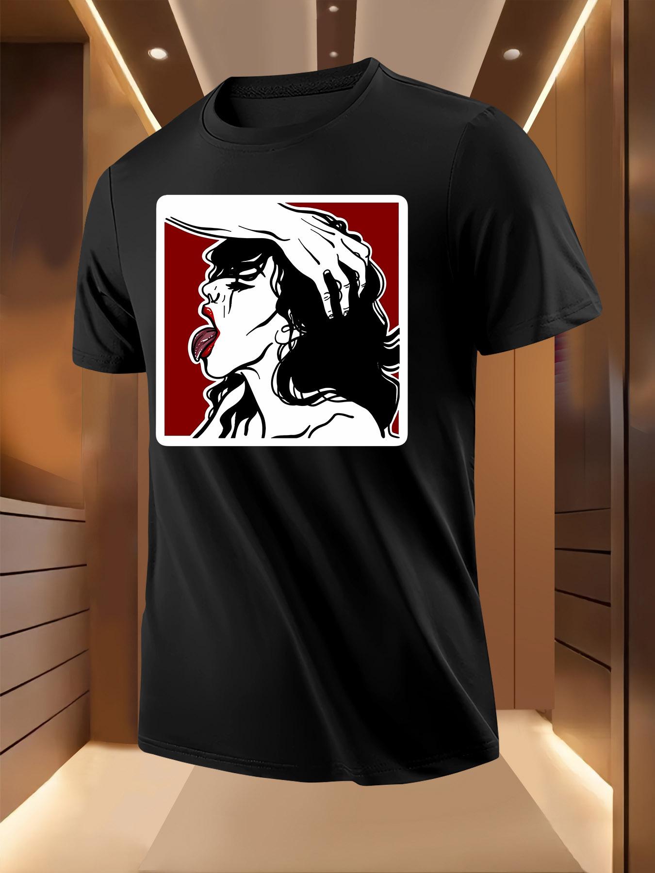 Black Tshirt with Red-Haired Woman Graphic Print - Breath... S