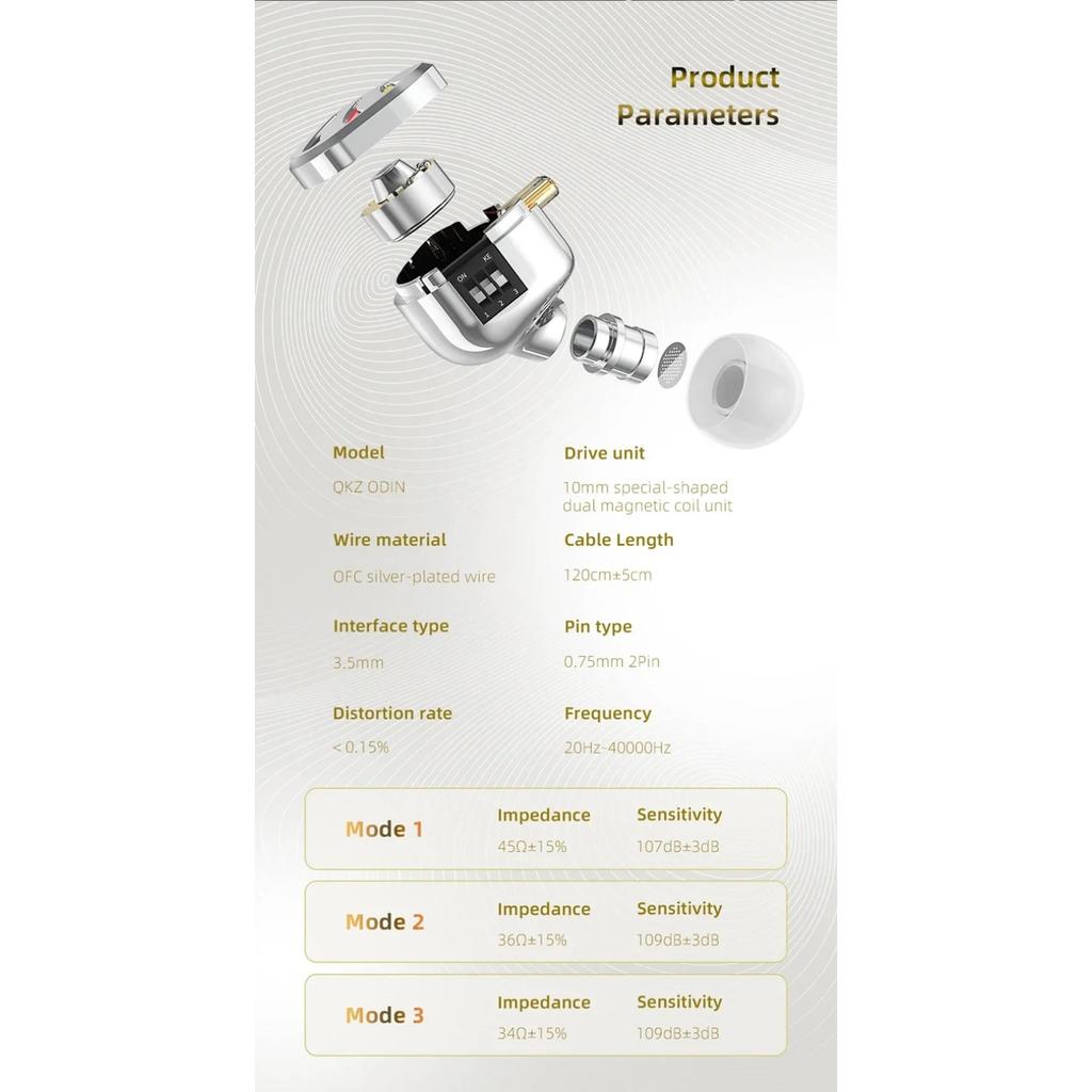 QKZ ODIN Earphones HIFI Monitoring Vocal 3-Level Tuning Switch Metal Heavy Bass Earbuds Dynamic Sport Music Headsets D-Fi Castor