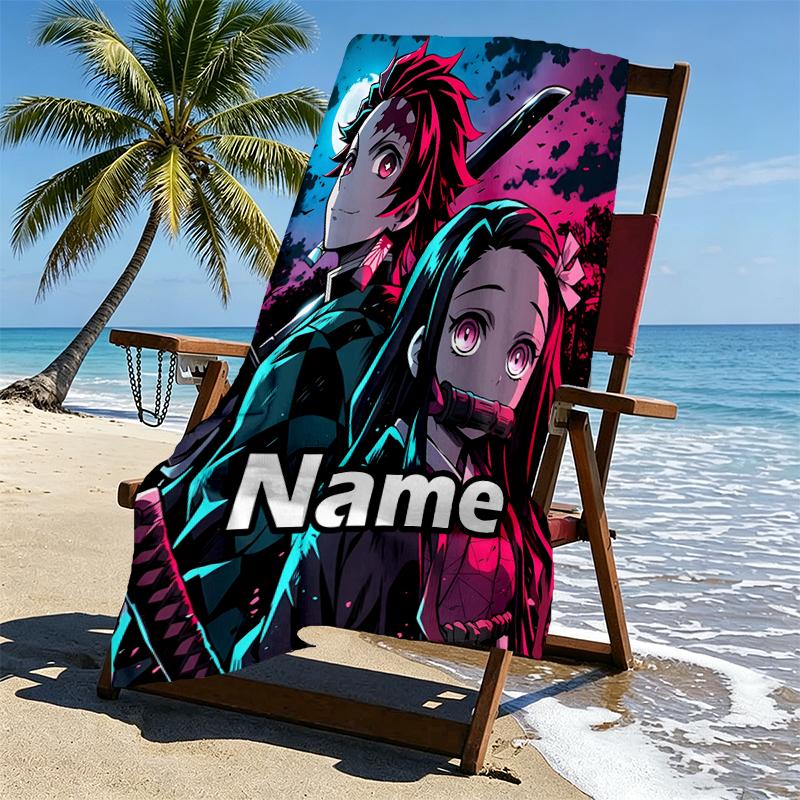 Custom Name Personalized Demon Slayer Print Beach Towel, for Trip Camping Beach Party Home Decor, Birthday Gift for Family & Friends