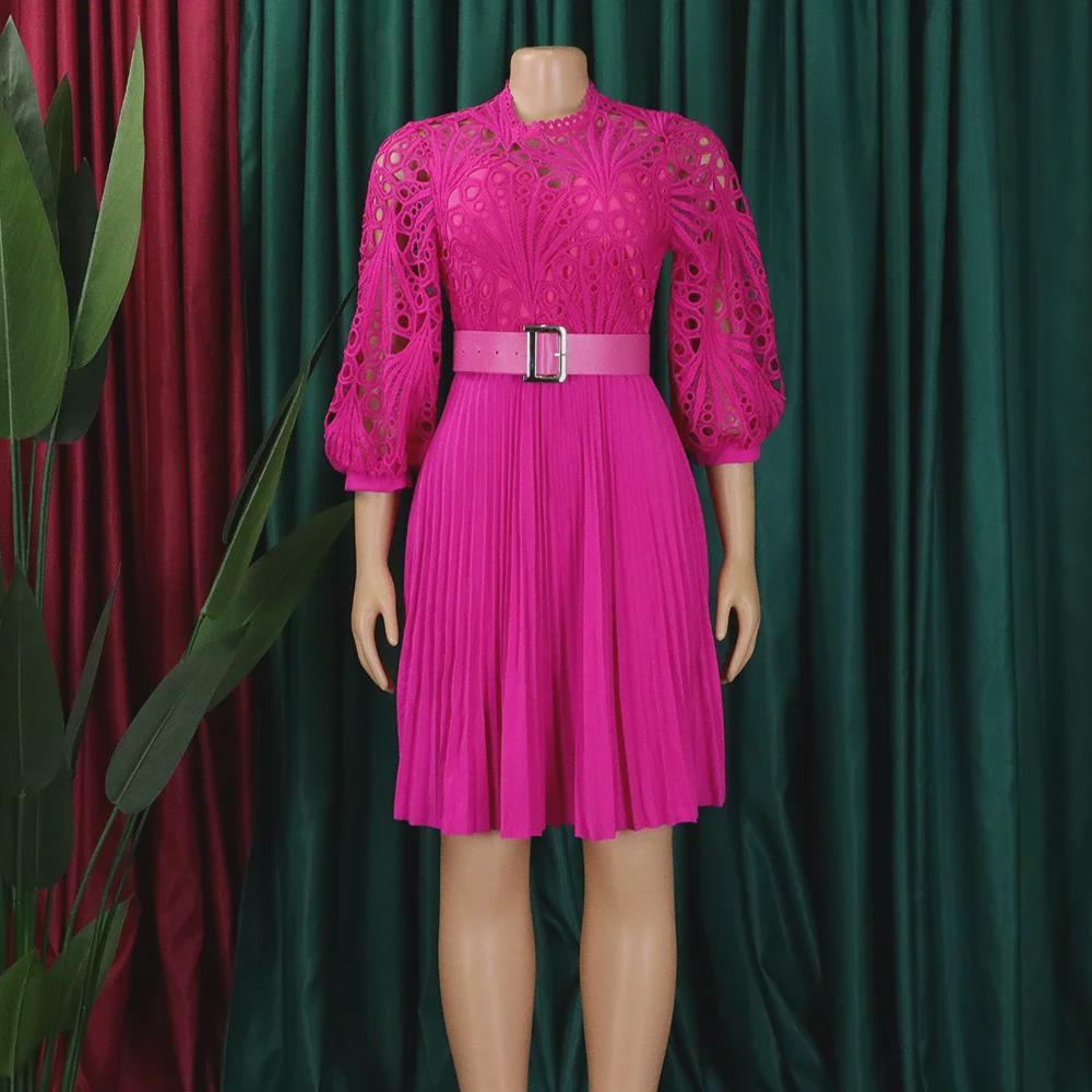 2024 Pure Color Lace Hollow Pleated Women's Dress - European and American Style
