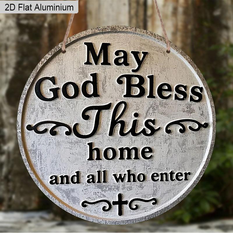 

2D Flat 1pc Elegant Blessing Aluminum Hanging Decoration Plaque, May God Bless This Home and All Who Enter Lettering Sign, Living Room Decor and 7.87×7.87inch