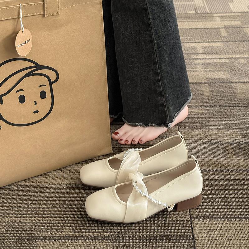 Mary Jane Women's Shoes 2025 New Spring and Summer Single Shoes Women's Flat Bottom Shallow Mouth Square Head Soft Sole Medium Heel Thick Heel Smal