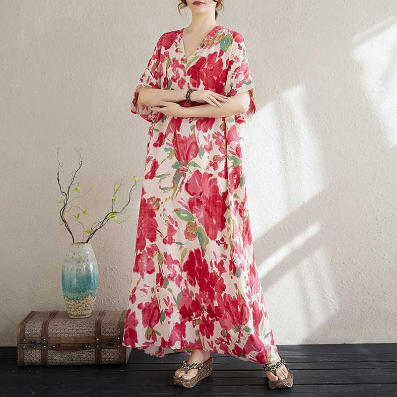 Summer Cotton and Linen Printed Loose and Simple Long Skirt for Women