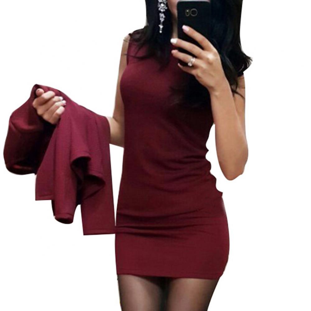 Vestido Bodycon Liso Sem Mangas Gola O 2 Peças/Conjunto Casaco Curto Quente para Escritório Mini 2026