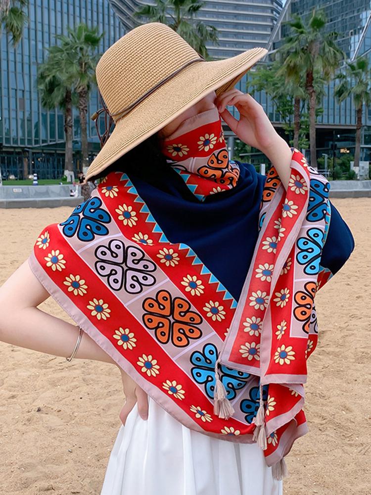 New Summer Elegant Women Silk Scarf Beach Long Wrap Shawl Vintage Red Print Sunscreen Bandana Hijab Mujer Bohemian Scarve Pareo