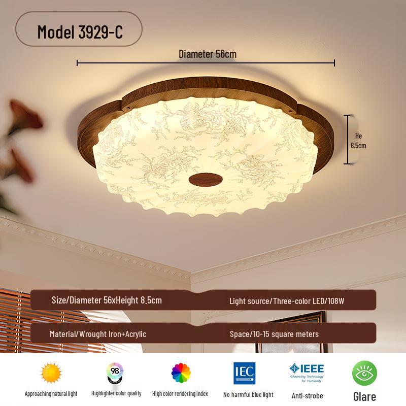 Chinese Style Walnut Wood Grain Ceiling Light for Study or Master Bedroom, Retro Wabi-Sabi Design, Eye Protection