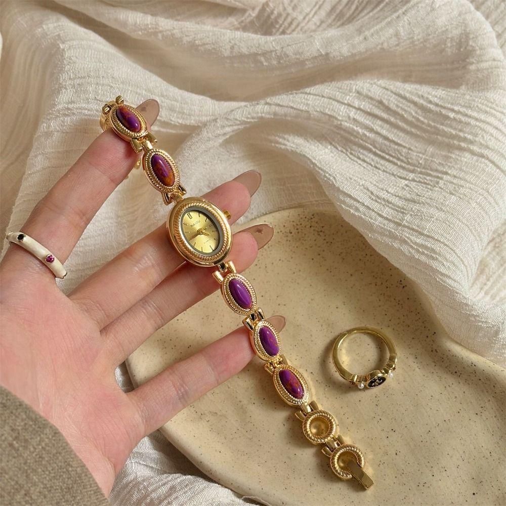 Oval Wristwatch Colored Gemstones Quartz Watch Vintage Ladies Watch