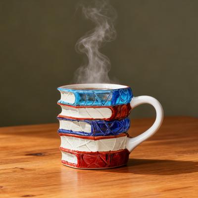 Handbemalter Buchbecher 3D Glasdesign Neuheit Gestapelte Bücher Kaffeetasse Literarisches Geschenk für Lehrer & Buchliebhaber