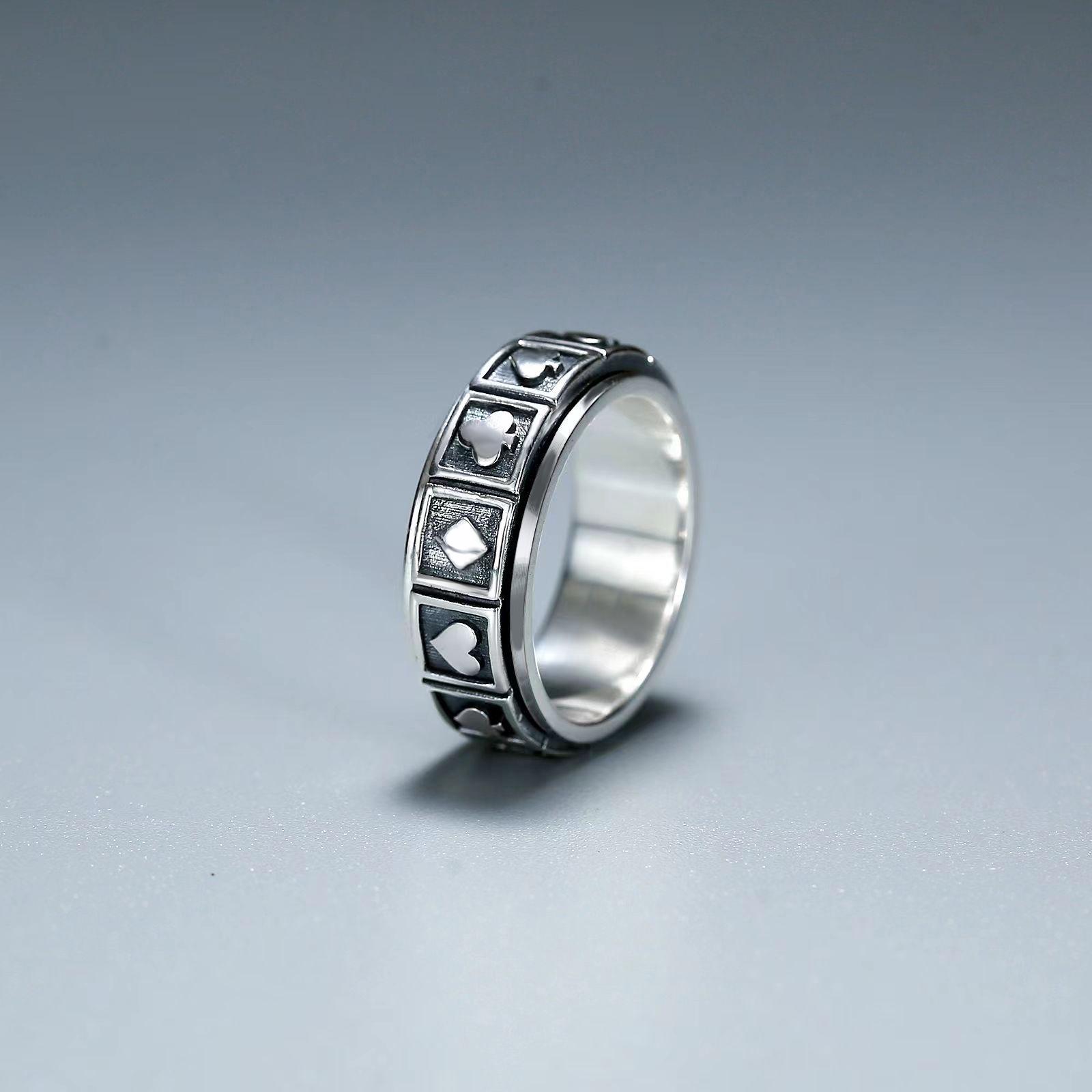 Drehbarer Spielkarten Spinner Ring aus Sterlingsilber für Herren - Pik & Herz, Trendiger Retro Entspannungs Glücksbringer Ring gray