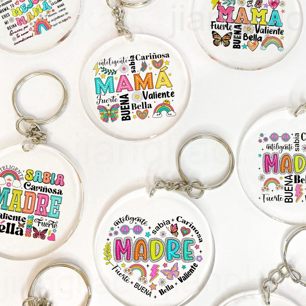 Intelligent Loving Brave Mother Spanish Print Keychain Circle Chain Acrylic Keyring Holiday Birthday Mother's Day Gift for Mama