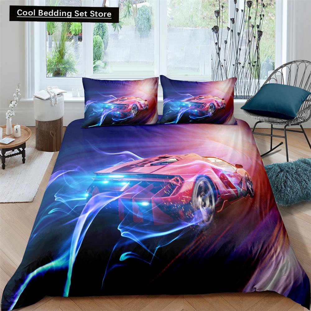 3D Car King Queen Duvet Cover Vintage Lightweight Train Bedding Set for Teens Adult Racing Supercar 2/3pcs Polyester Quilt Cover