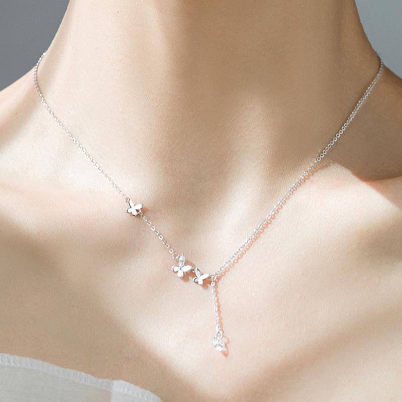 Womens 925 Silver Butterfly Clavicle Necklace Minimalist Trendy Collarbone Jewelry серебряный