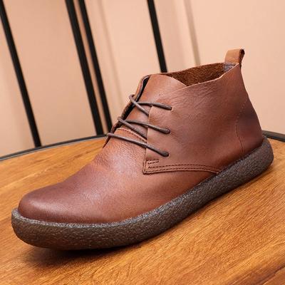 High Ankle Casual Walking Sneakers Top Layer Cowhide Soft Leather  Sole Men's  Spring Short Boots Outdoor Camp Shoes