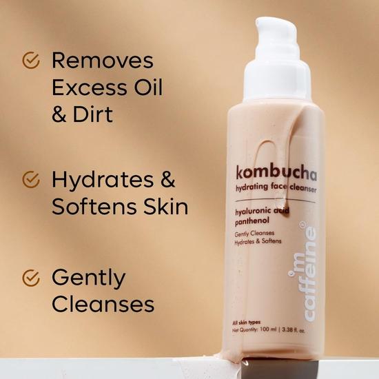 mCaffeine Kombucha Hydrating Face Cleanser with Hyaluronic Acid | Gentle Cleanser for Intense Hydration & Soft Skin | Removes Oil & Dirt| 100ml