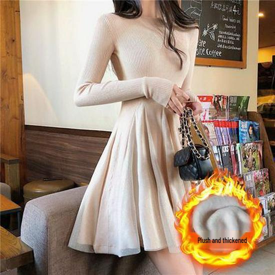 2025 Autumn/Winter Plus Velvet Shiny Waist-Cinched Mesh Dress for Women