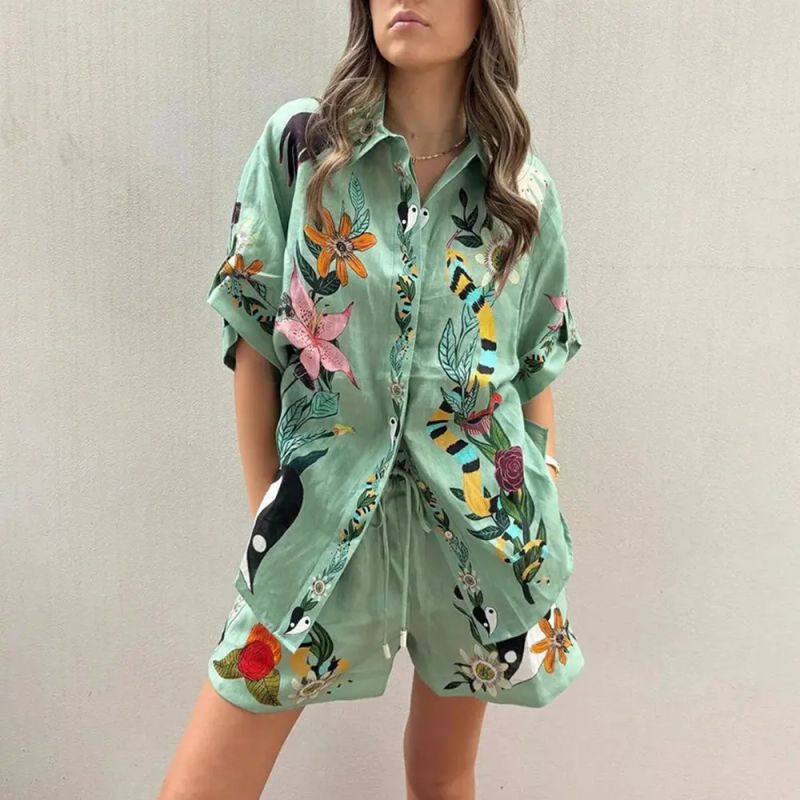 European and American Shirts Shorts Loose Print Two-piece Set Two Piece Set of Shirt and Shorts