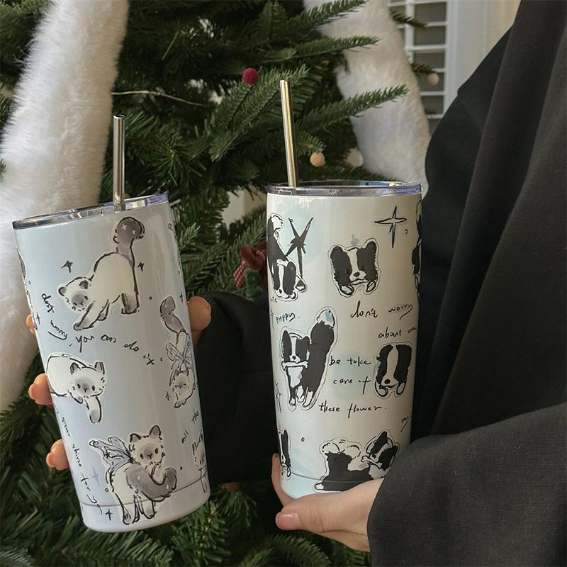 Cute Cat Tumbler Thermal Cup For Coffee Tea Beer Juice 550ml Kawaii Sainless Steel Thermos With Straw Car Cup Water Bottle Gift