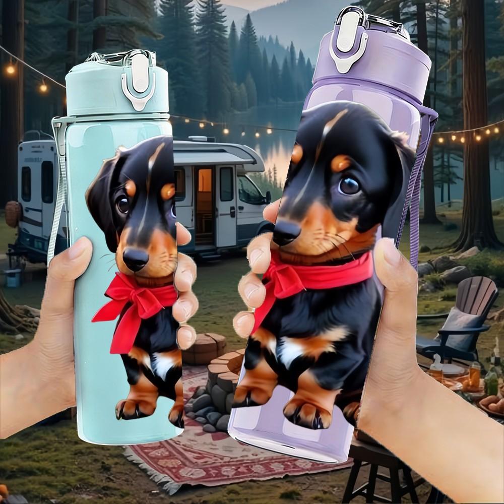 1PC Red Collar Dachshund Dog Print 750ml Color Plastic Sports Water Bottle Leakproof Flip Straw Lid Suitable for Sports Office Home Use