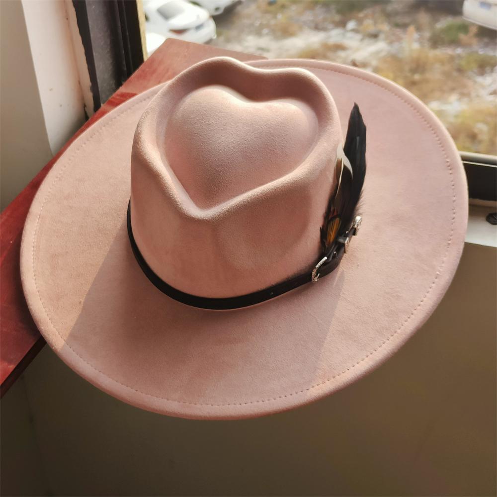 

2026 Heart top Vegan Suede fedora hat Wide brim feather women gift heart crown suede hat love top hat church hat sombrero hombre 56-58