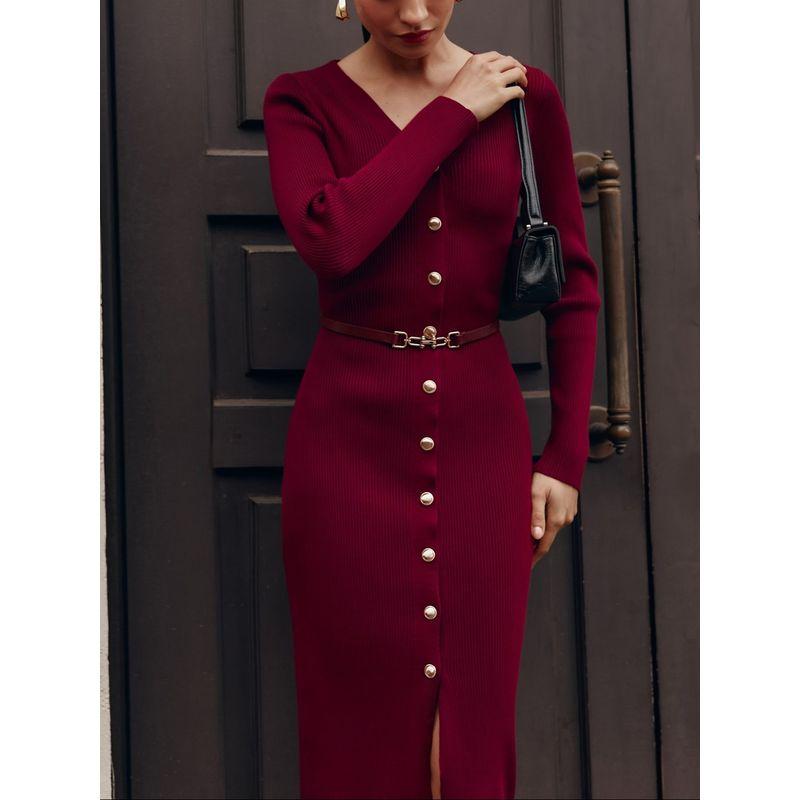 

Европейское и американское Amazon Элегантное изящное вязаное платье Изысканное стильное платье-свитер с пуговицами в первом ряду и поясом Burgundy S