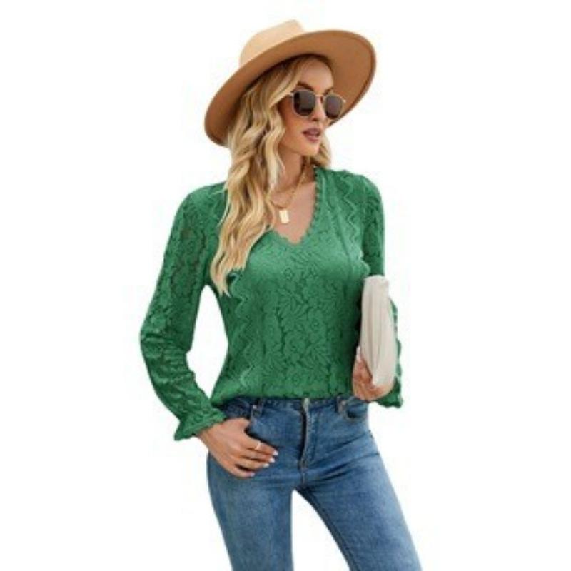 Vår och höst Dam Blus Spets Långärmad Enfärgad Utskuren Spets Sexig Stickad Topp