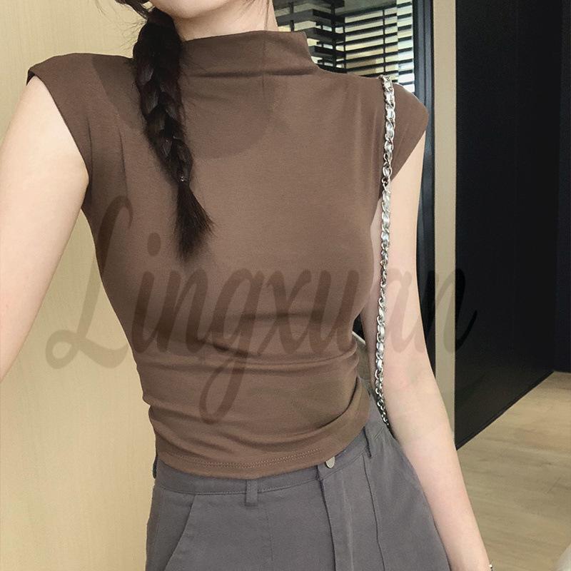 Women's Slim-Fit Open-Back T-Shirt: Summer Sleeveless, Half-High Collar, Hot Girl Style