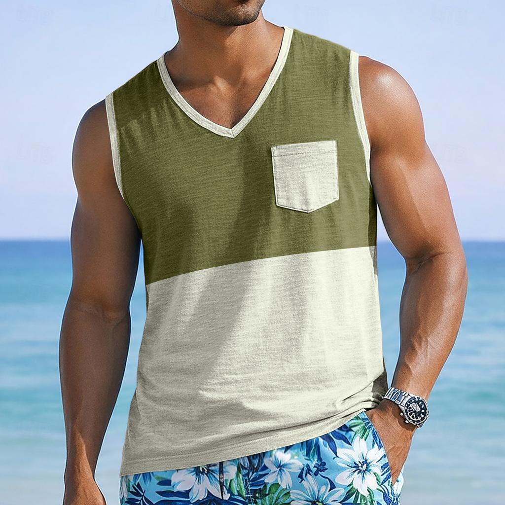Men Sleeveless Casual Tank Top with Wide Shoulder Straps Chest Pocket and Panel Design for Everyday Wear