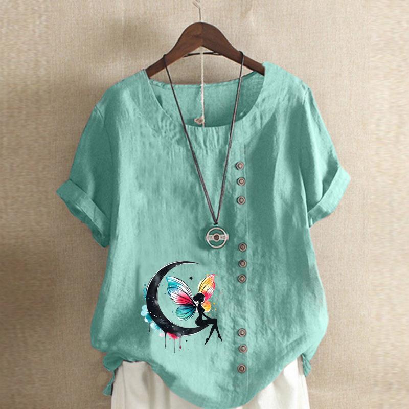 Women's Fashion Cute Butterfly Prined Short Sleeve T-shirt Loose Cotton Shirt Casual Loose Summer Blouse Tops Plus Size