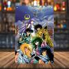 Scutcheon Saint Seiya Anime Metal Sign  Retro Wall Art with Vibrant Cosmic Background  Dynamic Character Poses Luminous Visua