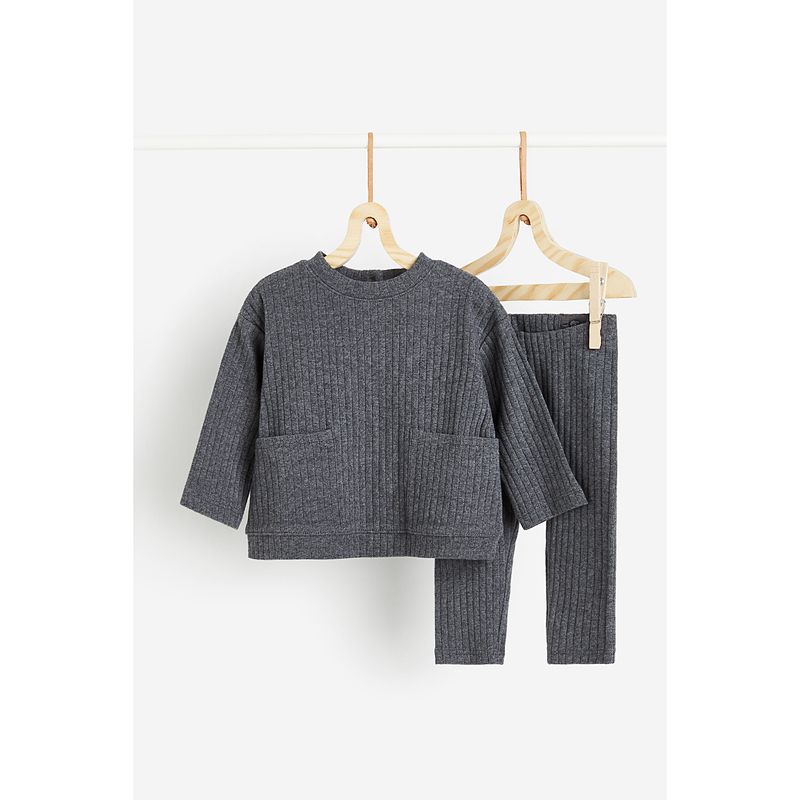 

HM Children s Clothing Baby Boy Baby Girl Suit 2-Piece Autumn Rib Cotton round Neck Long Sleeves Leggings 1128773 Dark gray 66/44(No adjustment buckle)
