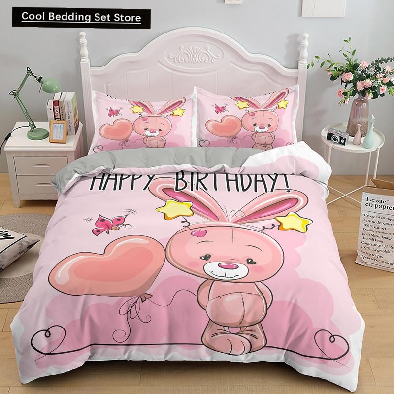 Pink Cartoon Animal King Queen Duvet Cover Kawaii Panda Pattern Bedding Set for Kids Girls Wildlife 2/3pcs Polyester Quilt Cover