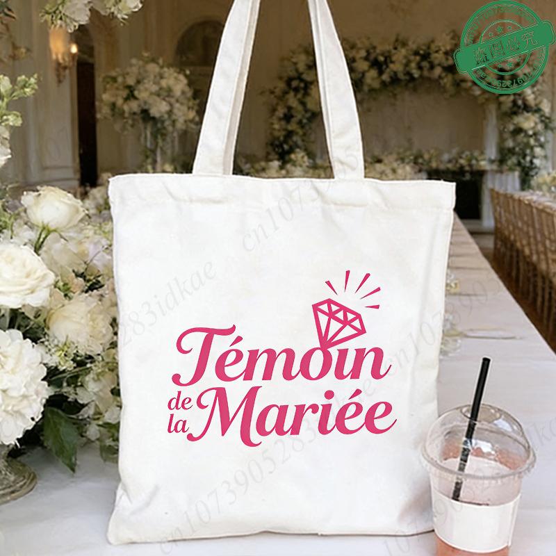 French Girl EVJF Future Bride Team Canvas Tote Bags Bachelorette Party Bridal Shower Shopping Bags with Diamond Ring Design