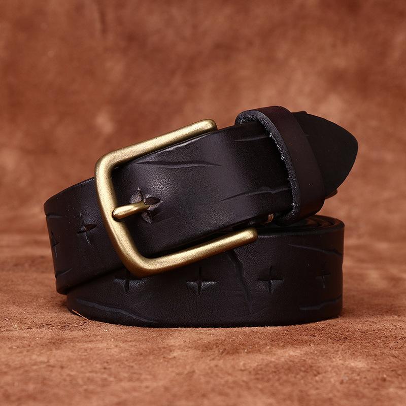 Men's Leather Belt Full Hole Vintage Distressed Knife for Handcraft Cut Genuine Leather Fashion Personality Trend First Layer Cowhide Belt