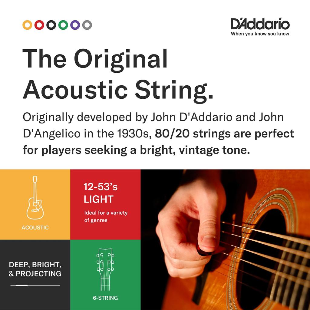 Acoustic Guitar Bronze D'Addario Strings, 80/20 Light, .012-.053, EJ11-3D, 3-Pack