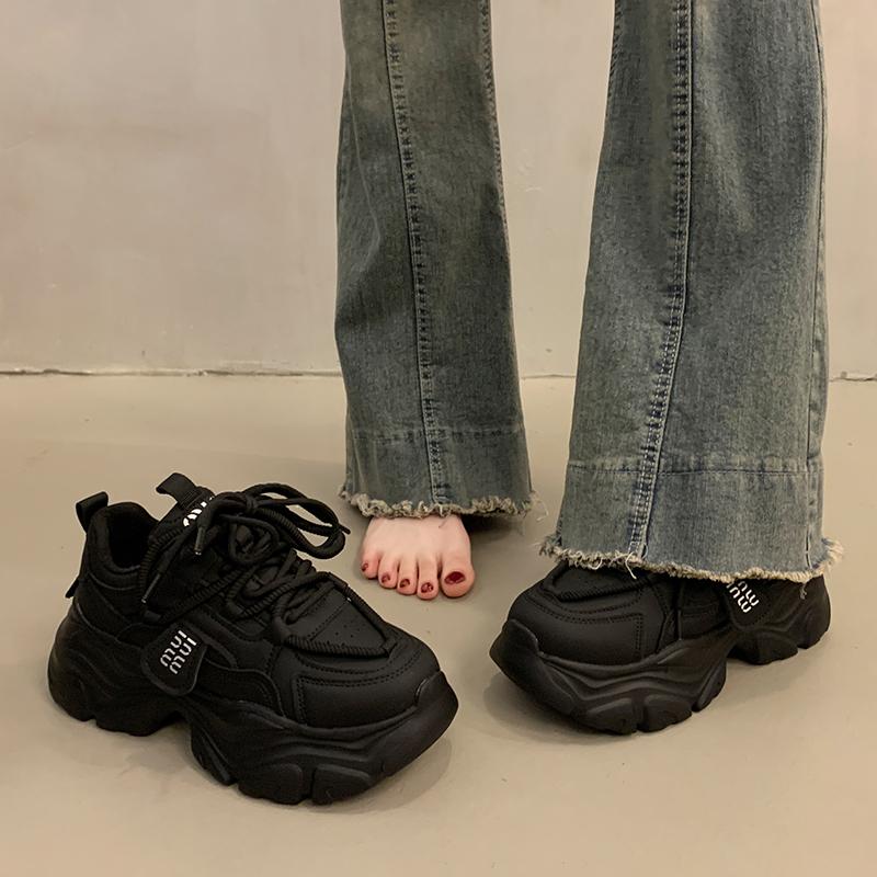 2025 High Platform Sneakers Women Leather Dad Shoes Women Black Chunky Sneakers Thick Sole Shoes Fashion Height Increasing Shoes