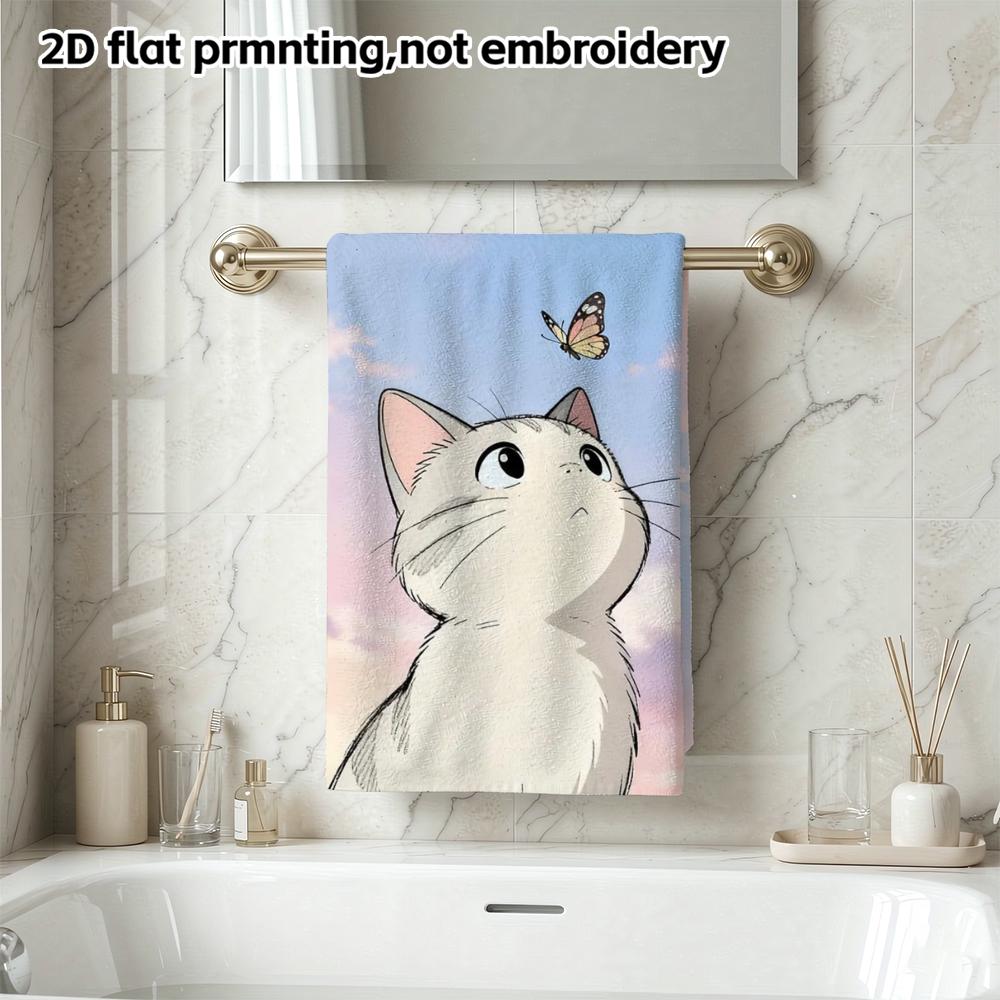 Anime Cat And Butterfly Print Towel, Soft Absorbent Bath Towel for Kids